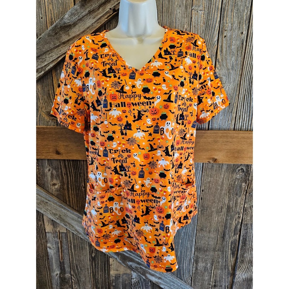 Scrubstar Halloween themed scrub top orange black small performance ^